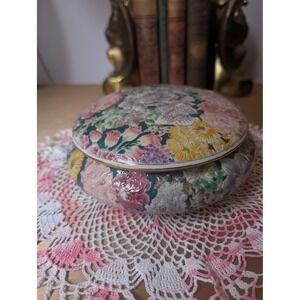 Vintage Floral Ceramic‎ Trinket Jewelry Box Round Dish Lidded Trinket Box